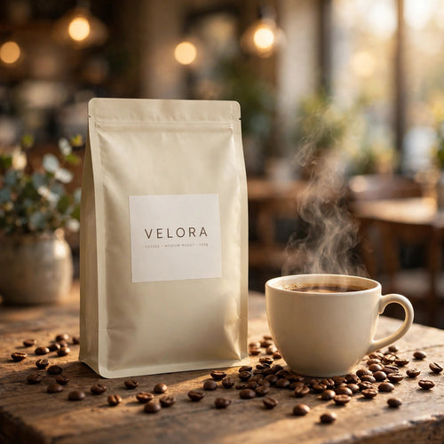Velora Breakfast Blend whole bean coffee bag with a fresh cup of coffee