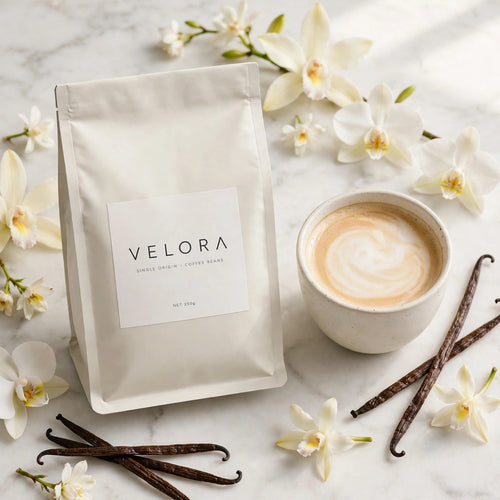 Velora French Vanilla coffee bag with vanilla flowers and a creamy coffee