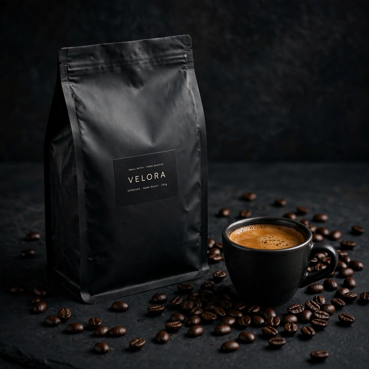 Velora Midnight Espresso dark roast coffee bag with an espresso cup