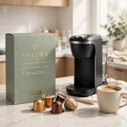 Velora coffee pods box with pods and a single-serve brewer